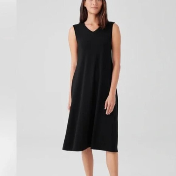 Eileen Fisher Stretch Jersey Knit V-Neck Tank Midi Dress Medium Black - Picture 1 of 11